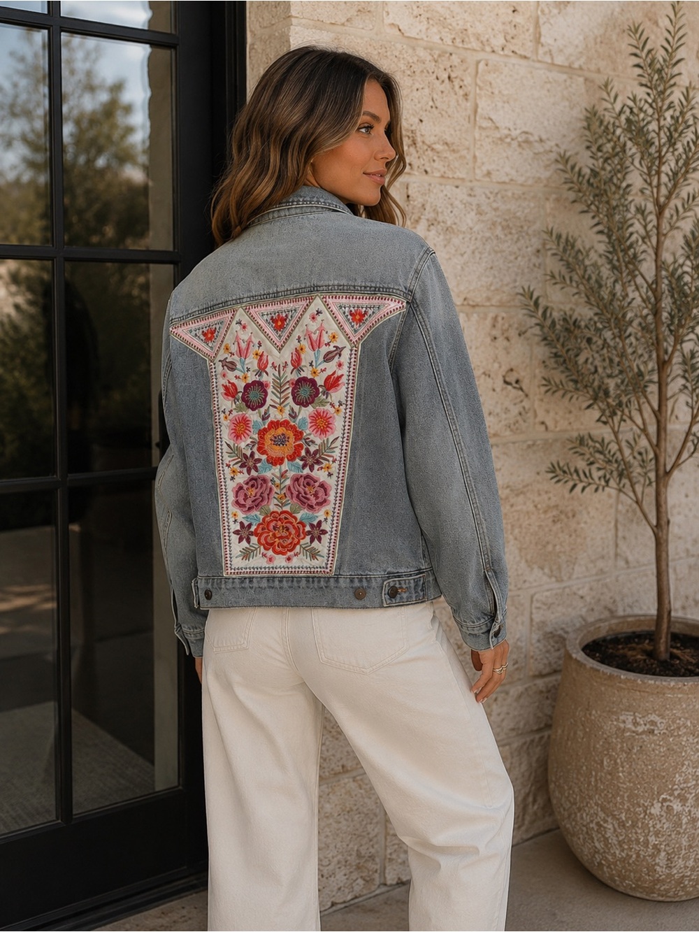 NEW Savanna Jane Light Blue Denim Jacket with Multicolor Floral Embroidery